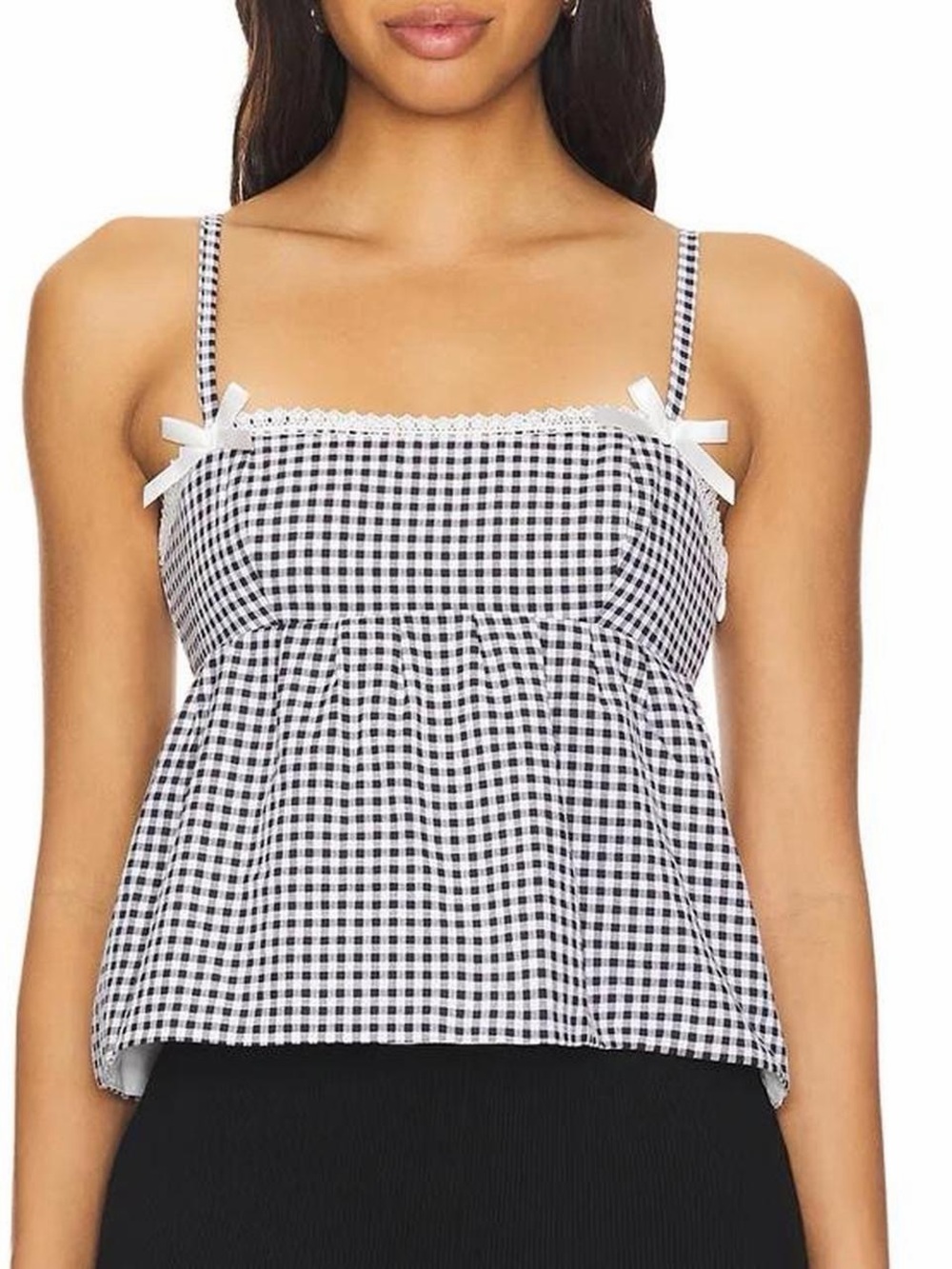 More To Come x Revolve Lisa Babydoll Gingham Bow Tank Top in Black/White - XS